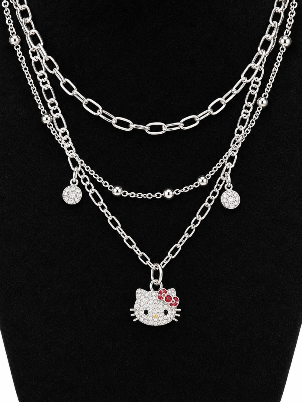 Hello Kitty Silver-Tone Layered Pendant Necklace with Crystal Accents